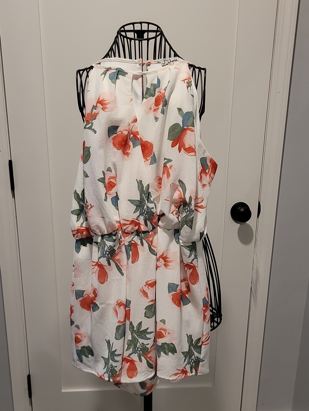 J for Justify White Floral Halter Dress with Coral and Green Print